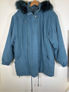 Vintage Bromley Sport Teal Faux Suede Parka Fox Fur Hood Thermolite Coat L XL